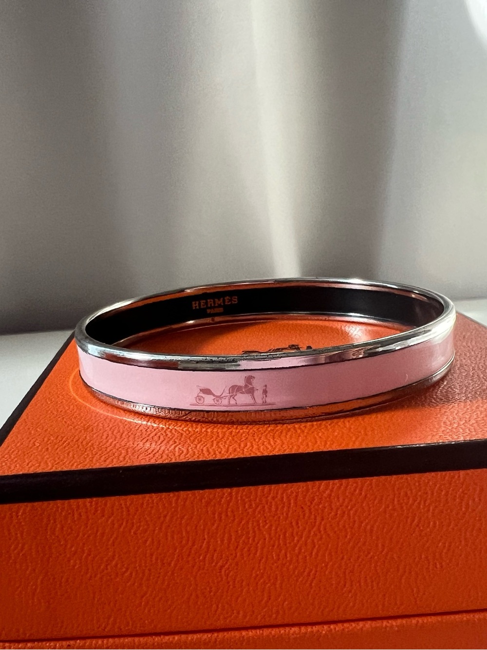 Hermes Pink Enamel and Silver Bangle Bracelet - Picture 3 of 8